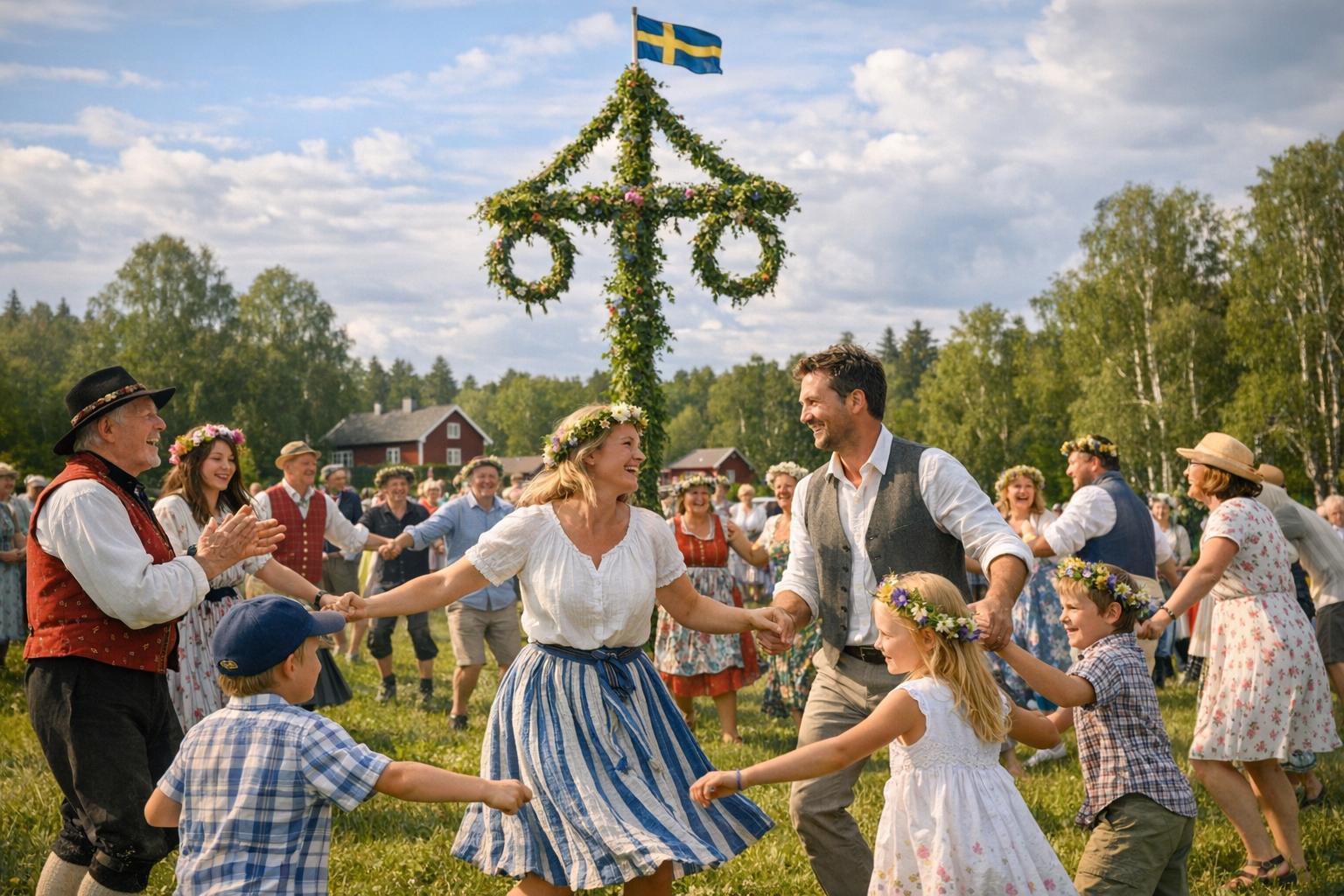 Sång och dans runt midsommarstången